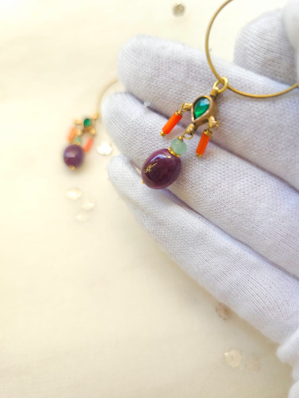 Ruby coral hoop earrings