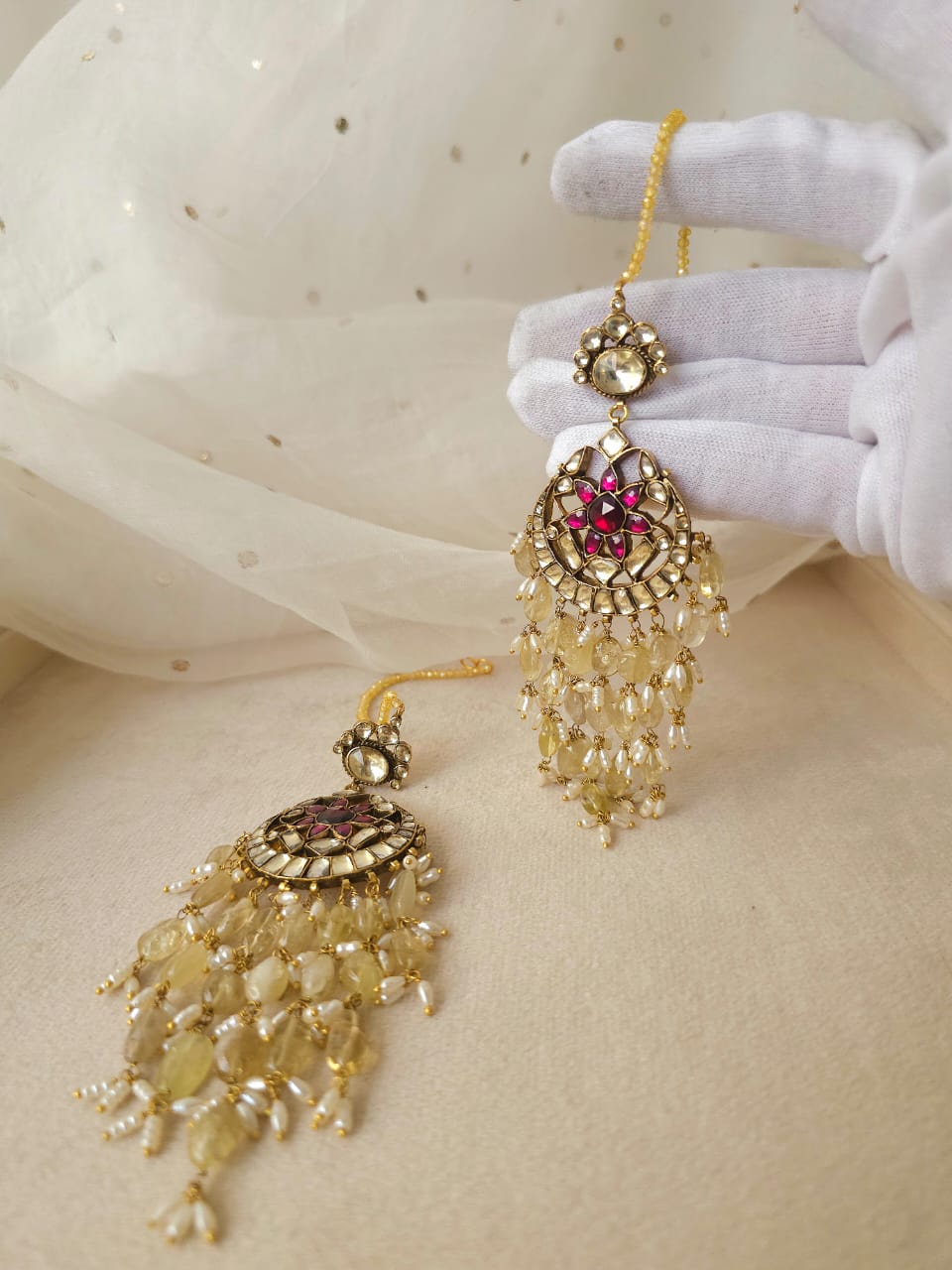 Citrine drops rhodolite chandbali