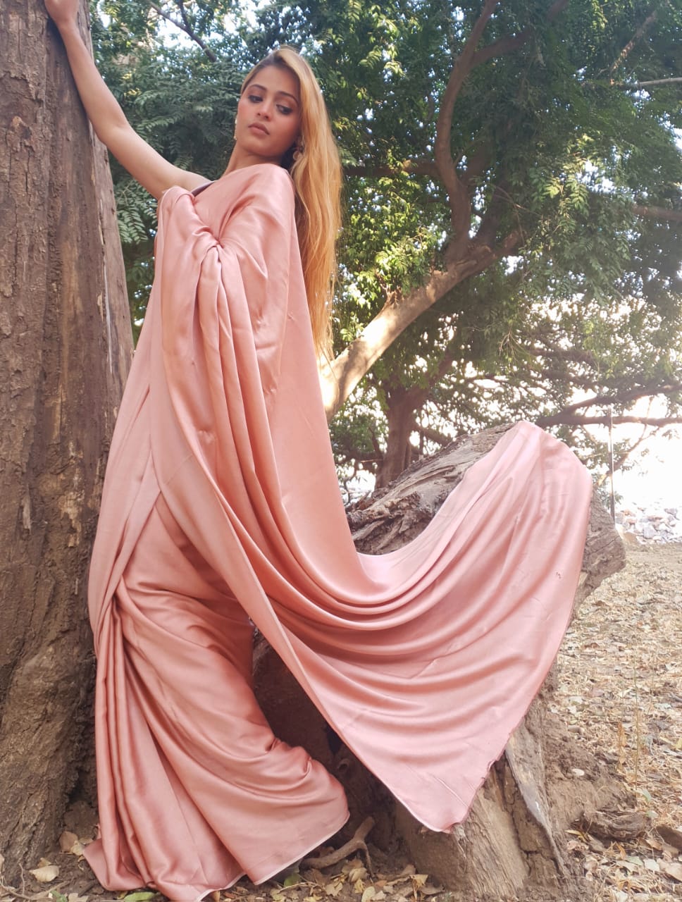 Salmon pink modal silk saree