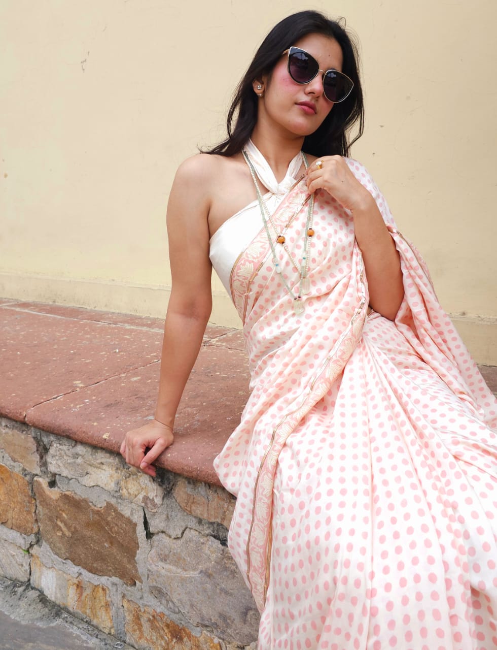 Rose polka muslin modal saree