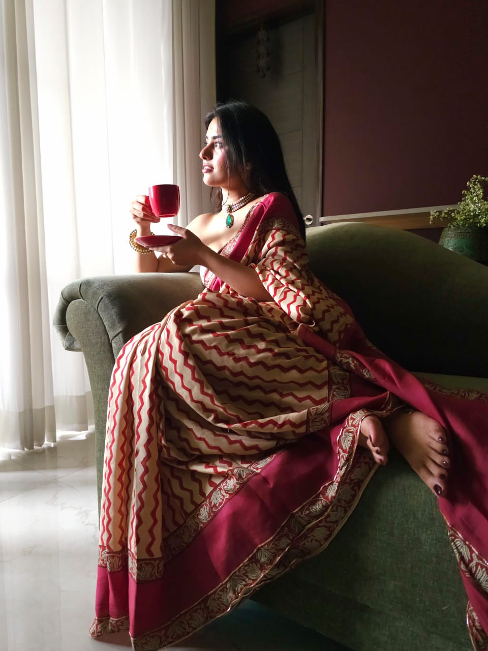 Mahogany chevron muslin modal saree