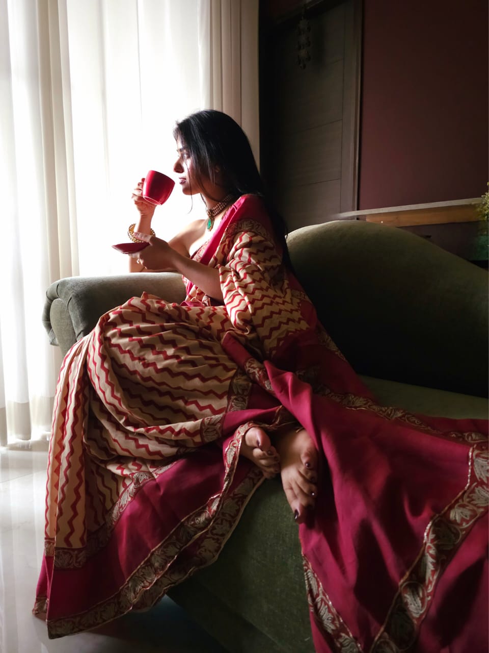 Mahogany chevron muslin modal saree