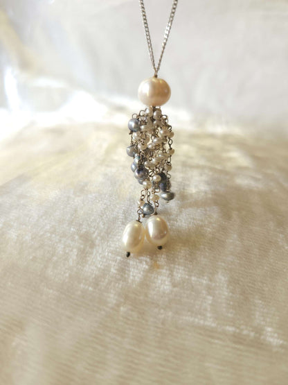 Grey pearl tassel unisex chain necklace