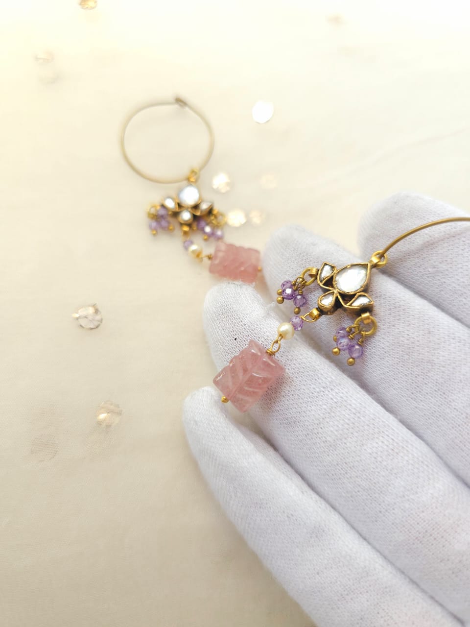 Carved rose quartz hoop earrings