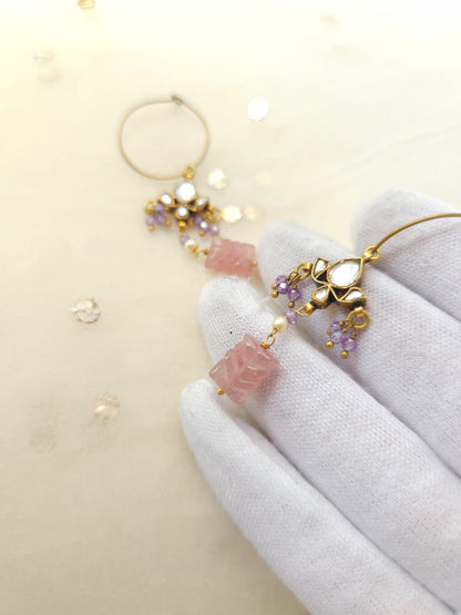 Carved rose quartz hoop earrings