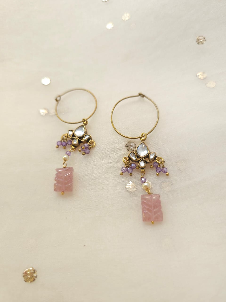 Carved rose quartz hoop earrings