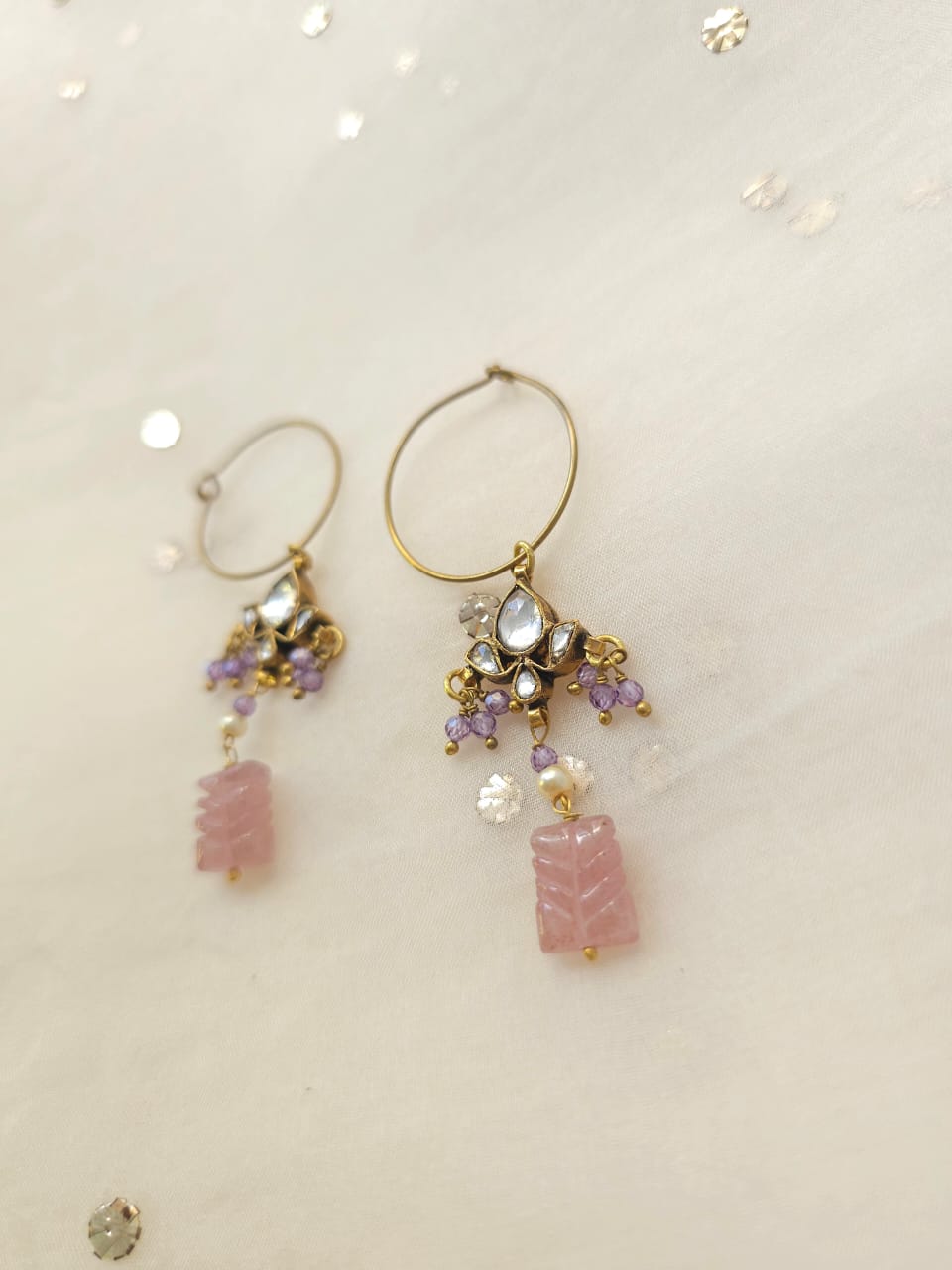 Carved rose quartz hoop earrings