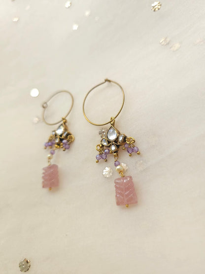 Carved rose quartz hoop earrings
