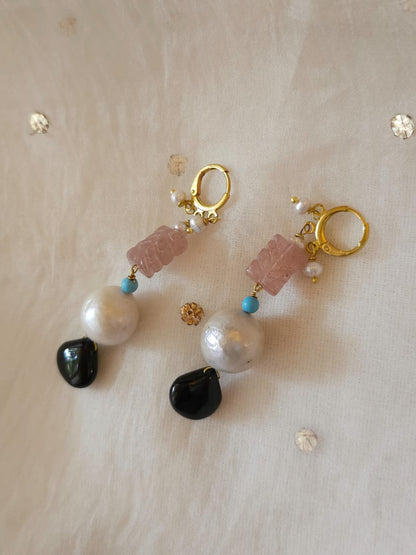 Carved rose quartz and black onyx earrings