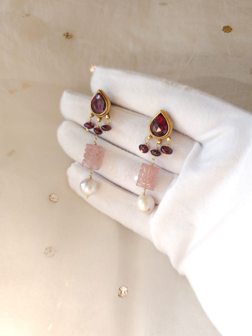 Rose quartz and garnet earrings
