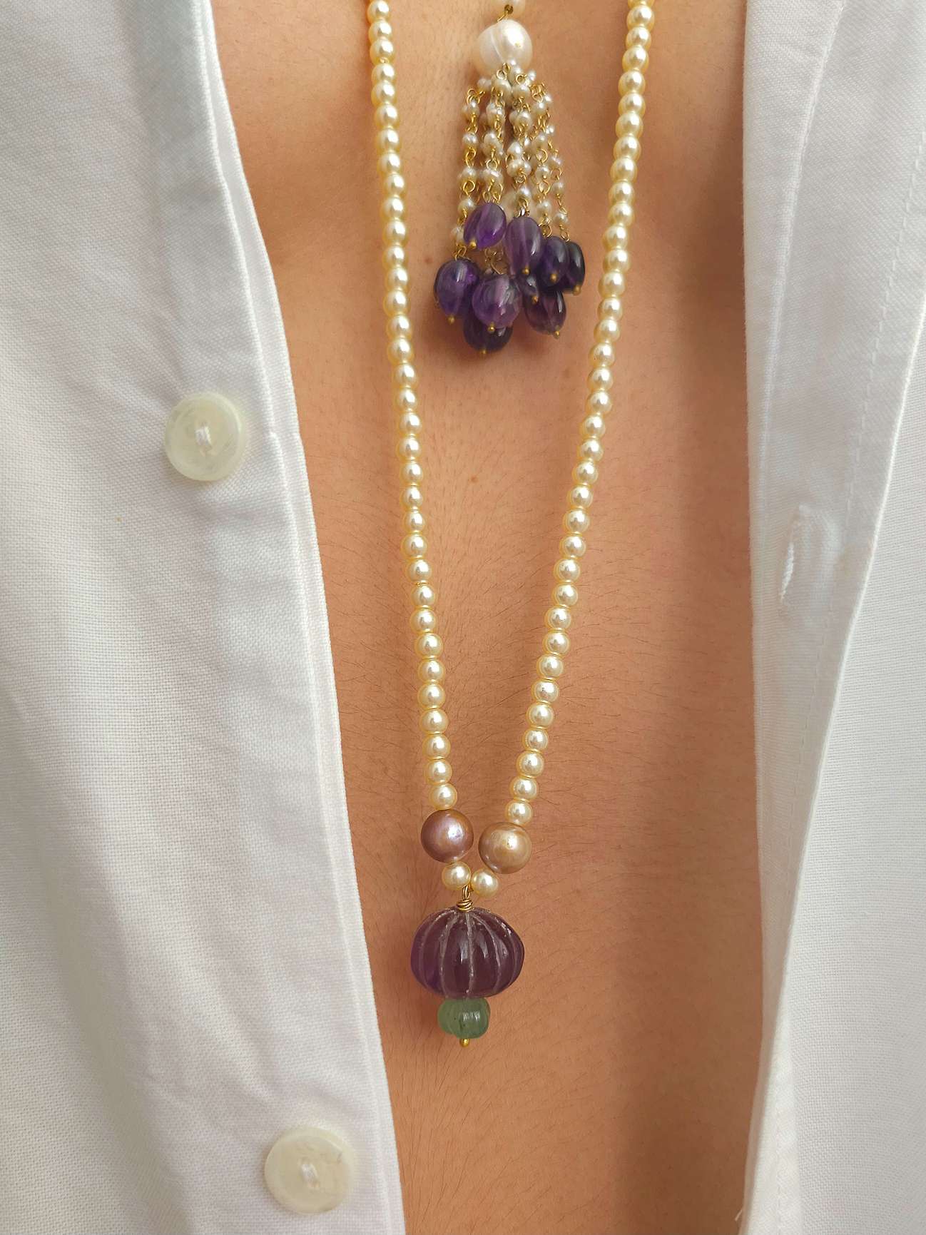 Carved amethyst long necklace