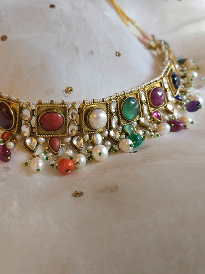 Imperial navratan silver necklace