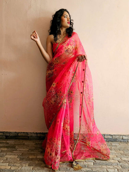 Hot pink organza gota saree