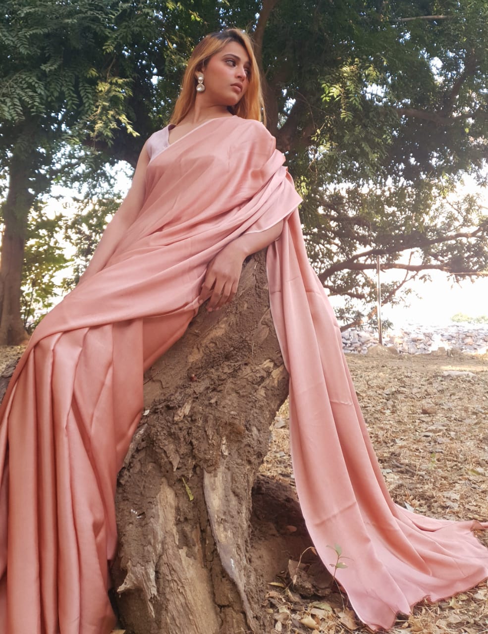Salmon pink modal silk saree