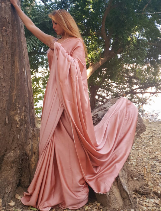 Salmon pink modal silk saree