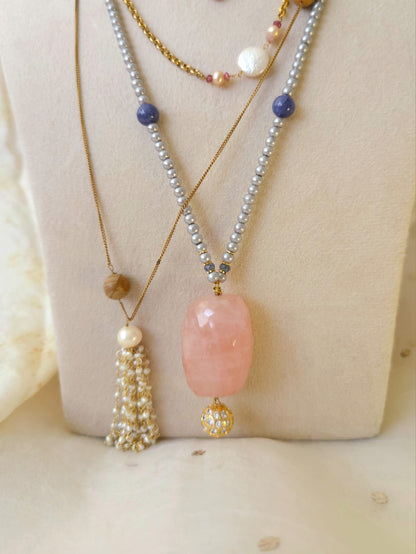Rose quartz tumble long necklace