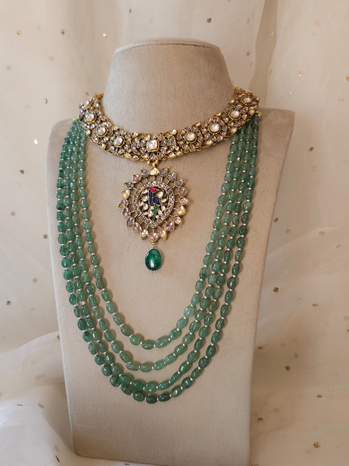 Green ombre kantha necklace